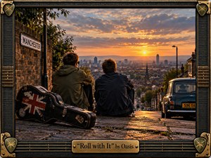 Two young men sit on a steep Manchester street overlooking the city at sunset, beside a weathered Union Jack guitar case and classic Mini. Warm amber light washes across brick, pavement, and distant rooftops, creating a reflective yet defiant mood. A richly detailed amplifier-inspired frame and brass title plate complete the cinematic, handcrafted composition.