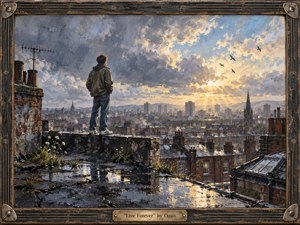 A lone young man stands on a rain-darkened rooftop overlooking a sprawling industrial city beneath dramatic clearing clouds. Cool slate blues, brick reds, and silvery grays are warmed by golden sunlight breaking through the horizon. Painterly textures, reflective puddles, wildflowers, distant towers, and soaring birds create a hopeful, bittersweet atmosphere of resilience and possibility.