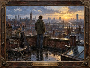 A solitary figure stands on a rain-slick rooftop overlooking a sprawling British city at sunrise, surrounded by a worn chair, guitar case, teacup, flowers, chimneys, and reflective puddles. Cool blue-gray streets and brick rooftops contrast with warm golden light, creating a wistful, hopeful mood in richly textured painterly realism.