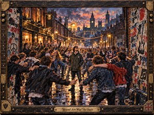 A jubilant Britpop street celebration unfolds beneath a fiery Manchester dusk, with a cool central figure standing calmly amid swirling dancers, musicians, and friends. Warm pub lights and string bulbs shimmer across rain-soaked pavement, contrasting with deep blue shadows. Thick painterly textures, torn posters, brass details, and a weathered musical frame create gritty nostalgic energy.