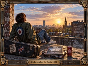 A young man in a weathered parka lounges on a rooftop overlooking Manchester at sunset, surrounded by a guitar case, records, and urban graffiti. Warm gold light contrasts with cool brick and metal tones, creating a nostalgic, rebellious mood. The handcrafted frame uses strings, picks, brass hardware, and engraved details.