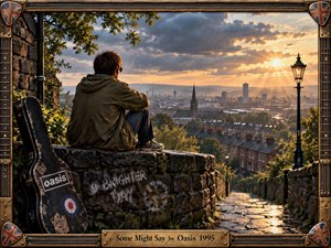 A solitary young man in a weathered parka sits on a mossy stone overlook above a sprawling British city at sunset. Warm gold light breaks through heavy clouds, illuminating wet paths, brick rooftops, and distant towers. A battered guitar case, graffiti, and ornate guitar-themed frame reinforce the reflective 1990s Britpop atmosphere.