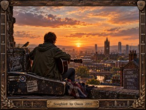 A lone guitarist sits on a weathered rooftop overlooking Manchester at sunset, accompanied by a small songbird and battered guitar case. Warm amber light washes across brick buildings, canals, and distant towers, creating a reflective, hopeful mood. Rich photographic detail, aged textures, and an ornate guitar-inspired frame reinforce the nostalgic atmosphere.