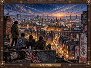 Four young figures overlook a glowing Manchester-inspired city at sunset, surrounded by weathered rooftops, bridges, trains, posters, and distant towers. Deep blues, amber lights, and fiery clouds create an expansive, hopeful mood. Textured painterly surfaces and a guitar-inspired wooden frame give the panoramic scene handcrafted Britpop character.