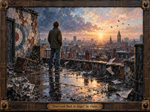 A solitary young man stands on a rain-soaked rooftop overlooking a weathered industrial city at sunrise. Cool slate blues and brick reds give way to glowing gold and peach light, creating a reflective yet hopeful mood. Thick painterly textures, scattered photographs, white flowers, puddle reflections, circling birds, and an ornate guitar-inspired frame deepen the nostalgic atmosphere.