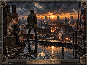 A solitary figure stands on a rain-soaked rooftop overlooking a vast industrial city at sunset, balancing defiance with introspection. Amber light burns beneath storm-dark clouds, reflecting across puddles and wet brick. A battered guitar case, broken mirror, helicopter beam, and metal-framed border deepen the gritty, handcrafted Britpop atmosphere.