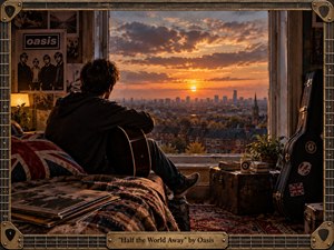 A solitary young man sits beside a wide window with an acoustic guitar, gazing across a city at sunset. Warm amber light fills a nostalgic, cluttered room of records, books, posters, and travel cases. Photorealistic detail, muted browns, deep shadows, and the instrument-inspired frame create a reflective, wistful atmosphere.