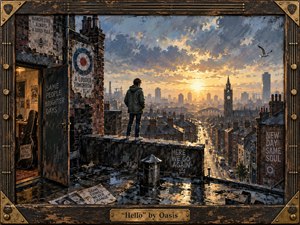 A lone figure stands on a rain-darkened Manchester rooftop at sunrise, overlooking brick terraces, chimneys, streets, and a glowing skyline. Cool blue-gray shadows contrast with warm amber light, creating a hopeful, restless mood. Thick painterly textures, weathered posters, guitar details, and a worn wood-and-brass frame evoke gritty 1990s Britpop energy.