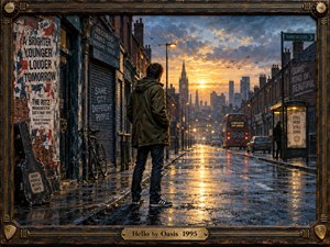 A lone figure in an olive parka stands on a rain-slick Manchester street at sunrise, facing a glowing horizon of amber and blue. Weathered brick, torn posters, a bicycle, guitar case, bus, and distant spire enrich the gritty scene. Painterly textures, reflective pavement, and an ornate musical frame create hopeful, defiant nostalgia.