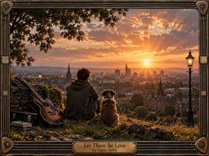 A solitary man and his dog overlook a sprawling city at sunset, with a worn guitar resting nearby beneath leafy branches. Warm amber light breaks through dramatic clouds, bathing rooftops and distant towers in nostalgic glow. The cinematic, photorealistic scene feels peaceful and reflective, framed by dark metalwork and brass musical details.