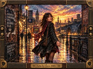 A windblown young woman strides through a rain-slick Manchester street at sunset, turning back with confident energy as amber lights shimmer across the pavement. Rich blues, golds, reds, and charcoal tones heighten the romantic, restless mood. Painterly impasto textures, glowing reflections, gothic architecture, and a guitar-inspired brass-and-wood frame complete the scene.