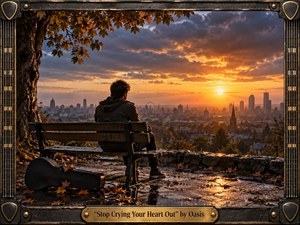 A solitary figure sits on a weathered bench overlooking a glowing city at sunset, surrounded by autumn leaves and rain-darkened pavement. Warm amber light breaks through heavy clouds, contrasting with cool blue shadows. A guitar case and rugged instrument-inspired frame deepen the reflective, resilient mood of this cinematic, handcrafted scene.