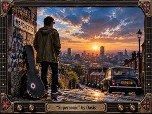 A lone parka-clad figure overlooks Manchester at sunset beside a weathered guitar case, while wet brick streets descend toward the glowing skyline. Warm amber light contrasts with deep blue clouds, creating a confident, nostalgic mood. Photorealistic detail, reflective pavement, a classic Mini, and an ornate guitar-inspired frame reinforce the Britpop atmosphere.