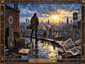 A lone figure stands on a rain-slick Manchester rooftop, facing a brilliant sunrise breaking through stormy clouds. Warm gold contrasts with slate blues, brick reds, and tarnished metal. Painterly textures, reflective puddles, a guitar case, amplifier, cables, scattered picks, and weathered papers create a gritty yet hopeful, handcrafted urban atmosphere.