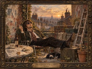 A languid man in sunglasses reclines on a shabby rooftop terrace above a smoky brick city at sunset, surrounded by a teacup, bottle, ladder, toolbox, sleeping cat, and scattered leaves. Warm amber light, muted browns, and weathered textures give the ornate, framed oil painting a wistful, quietly defiant Britpop mood.