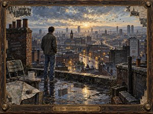 A solitary young man stands on a rain-darkened Manchester rooftop, gazing toward a luminous dawn over winding streets, railways, chimneys, and distant towers. Muted slate blues, brick reds, and warm gold light create a reflective, hopeful mood. Rich painterly textures, weathered details, symbolic signage, and an ornate music-inspired frame deepen the nostalgic atmosphere.