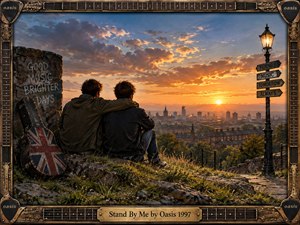 Two young men sit shoulder to shoulder on a rocky hillside overlooking a hazy British city at sunset, conveying loyalty, nostalgia, and quiet resilience. Warm amber light contrasts with cool blue clouds, while a weathered Union Jack guitar case, glowing streetlamp, hand-painted signs, and ornate guitar-themed frame reinforce the 1990s rock atmosphere.