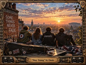 Four friends sit on a weathered rooftop overlooking a sprawling city at sunset, surrounded by a battered guitar case, records, bottles, and scattered memorabilia. Warm gold and amber light contrasts with cool blue shadows, creating a nostalgic, youthful mood. The richly textured painterly style and ornate rock-inspired frame reinforce the 1990s Britpop atmosphere.