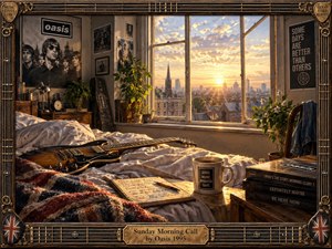 Golden morning light pours through a city apartment window onto a rumpled bed, electric guitar, handwritten notebook, coffee mug, plants, and stacked Oasis albums. Warm amber, cream, brown, and muted blue tones create a nostalgic, reflective mood. Intricate guitar-string framing and aged brass details give the scene a handcrafted, cinematic realism.