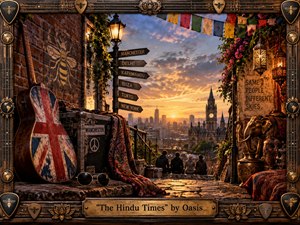 A richly detailed sunset cityscape blends Manchester rock culture with South Asian influences, framed by guitar strings, brass ornaments, bees, and lotus motifs. A weathered Union Jack guitar, travel signs, lanterns, patterned textiles, and an elephant flank a glowing skyline. Warm gold light, deep shadows, and painterly textures create a nostalgic, expansive mood.