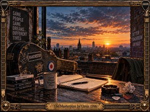 A weathered rooftop workspace overlooks Manchester at sunset, glowing with amber light beneath dramatic blue-gray clouds. A battered guitar case, notebooks, mug, pens, picks, and worn furniture create a reflective, creative mood. Ornate brass-and-string framing, brick textures, distant towers, and warm cinematic realism reinforce nostalgic determination and quiet possibility.