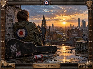 A lone figure in a worn parka sits on a rain-soaked rooftop overlooking a glowing Manchester skyline at sunset. Warm gold light cuts through storm clouds, reflecting in puddles beside a battered guitar case and records. A weathered guitar-string frame and brass title plate reinforce the nostalgic, defiant Britpop mood.