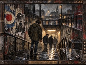 A lone figure descends a rain-soaked urban underpass while shadowy companions disappear into harsh fluorescent light. Gritty walls, torn posters, graffiti, wet railings, and distant city architecture create a tense, defiant mood. Dark charcoal, rust, and amber tones dominate, rendered in richly textured, painterly detail.