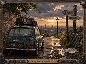 A weathered teal Mini rests on a rain-slick country road overlooking a distant English city at sunset. Storm clouds part around warm golden light, reflecting across puddles and stone walls. Guitar cases, faded signs, graffiti, and a worn musical frame create a nostalgic 1990s British rock atmosphere filled with quiet longing and uncertainty.