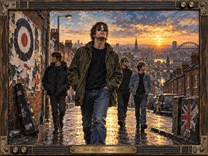 A confident quartet strides down a rain-slicked hillside street at sunset, overlooking a glowing British cityscape. Warm gold light reflects across wet pavement, contrasting with cool blue clouds and weathered brick. Painted in a richly textured, impasto style, the scene feels bold, nostalgic, and defiant, framed by rustic musical details and a brass title plate.