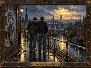 Two figures stand shoulder to shoulder on a rain-slicked canal path overlooking a brooding industrial city at dusk. Warm streetlights and sunset reflections cut through deep blues, charcoal clouds, and wet brick. Rich impasto textures, weathered architecture, and the guitar-inspired frame create a nostalgic, steadfast mood of companionship and resilience.
