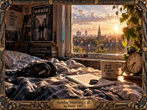 A richly detailed bedroom glows with warm Sunday sunrise, blending nostalgia and quiet reflection. Rumpled bedding, headphones, a notebook, guitar, vintage clock, mug, records, and leafy plants fill the foreground, while a golden city skyline and church spire stretch beyond the window. Ornate guitar-inspired framing and brass detailing give the scene a handcrafted album-art character.