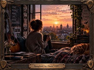 A contemplative woman sits beside a loft window overlooking a glowing city at sunset, surrounded by an acoustic guitar, records, flowers, books, photographs, trailing ivy, and a sleeping dog. Warm amber light, weathered textures, and an ornate bronze frame create an intimate, nostalgic, handcrafted atmosphere.