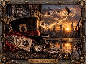 A weathered magicians hat, stained playing cards, pocket watch, red scarf, and heavy chain lie across a rain-darkened rooftop overlooking a glowing city skyline. Amber sparks spiral through airborne cards toward a black raven, creating a mysterious, rebellious mood. Warm sunset light, gritty textures, reflections, and an ornate rock-inspired metal frame complete the cinematic composition.