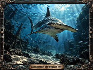 A massive hammerhead shark glides through a deep blue underwater canyon, illuminated by dramatic shafts of sunlight from the surface. Schools of fish, rocky reefs, and a decaying wreck create tension and depth. A weathered metal frame with skull, wave, and guitar-inspired details gives the photorealistic scene a gritty, cinematic edge.