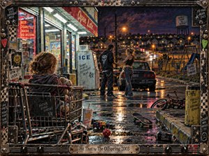 A restless suburban night unfolds outside a fluorescent convenience store, where a child watches two young adults argue beside a battered car. Wet pavement mirrors amber streetlights and neon reds beneath a bruised purple sky. Distressed mixed-media textures, scattered toys, graffiti, and punk-inspired metal framing deepen the uneasy, rebellious mood.