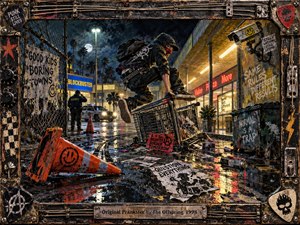A masked punk figure vaults over a tipped shopping cart in a rain-soaked suburban plaza, surrounded by graffiti, scattered flyers, neon storefronts, and security lights. Deep blues, amber reflections, red accents, and gritty mixed-media textures create a rebellious, mischievous mood, framed by distressed metal, guitar hardware, and punk details.