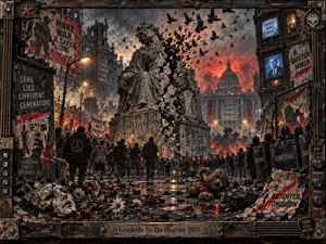 A shattered civic monument dominates a ruined city boulevard as black birds erupt from its fractured stone above restless crowds and riot police. Smoky grays, rusted browns, bruised blues, and fiery reds create a tense, apocalyptic mood. Distressed mixed-media textures, wet reflections, torn posters, scattered flowers, and an abandoned teddy bear deepen the sense of collapse.