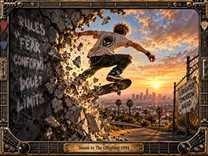 A rebellious skateboarder bursts through a crumbling graffiti-covered wall toward a glowing Los Angeles sunset, symbolizing defiance and release. Warm gold, orange, and blue light contrasts with dark concrete and metal textures. Dynamic debris, palm-lined streets, punk styling, and a guitar-inspired frame create an energetic, gritty, handcrafted cinematic atmosphere.