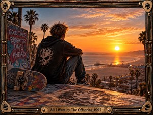 A lone young skateboarder sits above a palm-lined coastal town at sunset, gazing toward the glowing ocean and distant pier. Warm orange light contrasts with deep blues, weathered graffiti, and gritty concrete textures. The cinematic, handcrafted composition blends punk energy, youthful restlessness, hope, and reflection within a rugged musical frame.