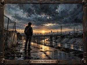 A lone young figure stands on rain-soaked concrete beside an industrial canal, facing a distant city under turbulent storm clouds and a glowing sunset. Dark steel blues, charcoal grays, and warm gold reflections create a brooding yet hopeful mood. Painterly realism, gritty textures, graffiti, power lines, and a distressed metal frame intensify the atmosphere.
