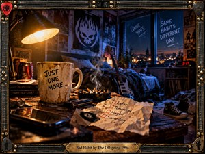 A gritty late-night bedroom glows with warm amber lamplight against cool blue city darkness. A stained mug, smoking ashtray, crumpled checklist, guitar, sneakers, and scattered clutter create a restless, compulsive mood. Cinematic realism, distressed textures, punk imagery, and a rugged guitar-string frame reinforce the songs anxious, rebellious energy.