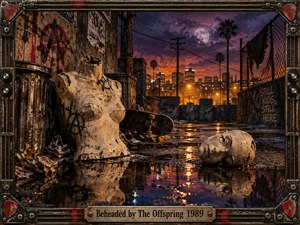 A battered mannequin torso and detached head rest in a rain-slick urban alley beneath a glowing moon and purple-orange dusk sky. Graffiti, chain-link fencing, palm trees, debris, and a skateboard surround the scene. Moody reflections, gritty textures, industrial framing, and punk-inspired metal details create a rebellious, haunting, cinematic atmosphere.