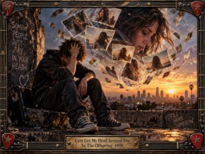A troubled young man sits hunched on a weathered rooftop above a glowing city at sunset, surrounded by swirling photographic memories of a woman. Warm amber light contrasts with deep charcoal clothing and stormy blue skies. The cinematic, photorealistic composition feels restless and nostalgic, framed by distressed metal, guitar strings, picks, and a brass title plate.