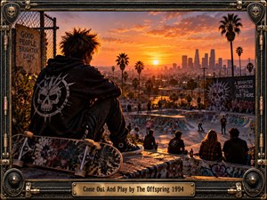A solitary punk-styled skater overlooks a graffiti-covered urban skatepark at sunset, framed by palm trees and a distant city skyline. Fiery orange light contrasts with dark clothing, concrete, and worn textures, creating a rebellious yet reflective mood. Detailed street-art realism, weathered skateboard surfaces, and an ornate metal frame complete the nostalgic scene.