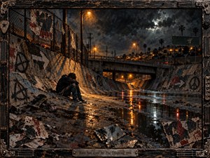 A solitary young figure sits hunched in a rain-darkened concrete flood channel beneath a stormy night sky, surrounded by chain-link fencing, graffiti, debris, and distant suburban lights. Warm amber streetlamps shimmer across puddles against cold blue-gray clouds, while distressed mixed-media textures and an industrial guitar-inspired frame intensify the bleak, reflective punk atmosphere.