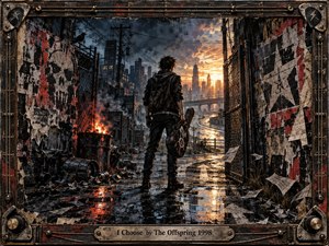 A lone punk figure stands in a rain-slick alley, guitar case in hand, facing a glowing city skyline beyond torn posters, chain-link gates, and a burning barrel. The mood is tense yet hopeful, with fiery oranges against smoky blues, rendered in richly textured mixed-media detail and enclosed by a rugged industrial frame.