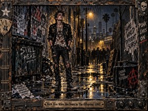 A battered young punk stands defiantly in a rain-soaked city alley, framed by torn posters, dumpsters, chain-link fencing, and distant silhouettes. Amber streetlights reflect across black puddles beneath a stormy blue-gray skyline. Distressed mixed-media textures, scratched paint, riveted metal, guitar hardware, and a worn title plate reinforce the gritty 1990s punk atmosphere.