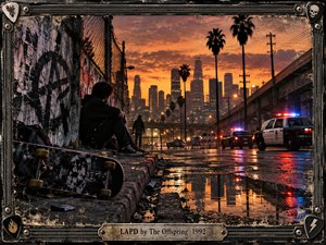 A gritty Los Angeles streetscape unfolds at sunset, where a solitary skater sits beside a battered skateboard as police cars flash across wet pavement. Orange skies, dark palms, concrete overpasses, and glowing reflections create tense cinematic depth. Distressed textures, urban decay, and a rugged metal frame reinforce the rebellious punk atmosphere.