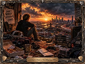 A solitary young figure and resting dog overlook a sprawling city from a cluttered loft at fiery sunset. Storm clouds, glowing highways, guitars, notebooks, pizza boxes, cables, and worn objects create restless energy. Warm orange light contrasts with deep shadows, while gritty realism, distressed textures, and a rugged metal frame reinforce the chaotic mood.