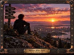 A solitary young figure sits on a rocky overlook above a glowing city and winding water, facing a fiery orange and violet sunset. The reflective mood blends distance, longing, and quiet resolve. Detailed cinematic realism, rugged textures, mountain silhouettes, a worn backpack, directional sign, and guitar-inspired metal frame reinforce the songs restless emotional atmosphere.